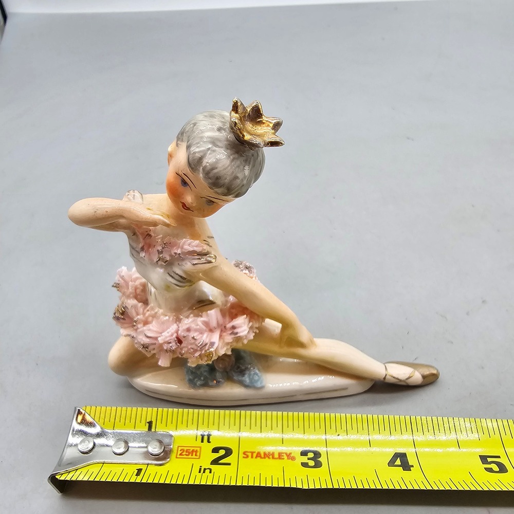 Vintage Porcelain Ballerina Figurine Pink Spaghetti Tutu Gold Crown 4.25in